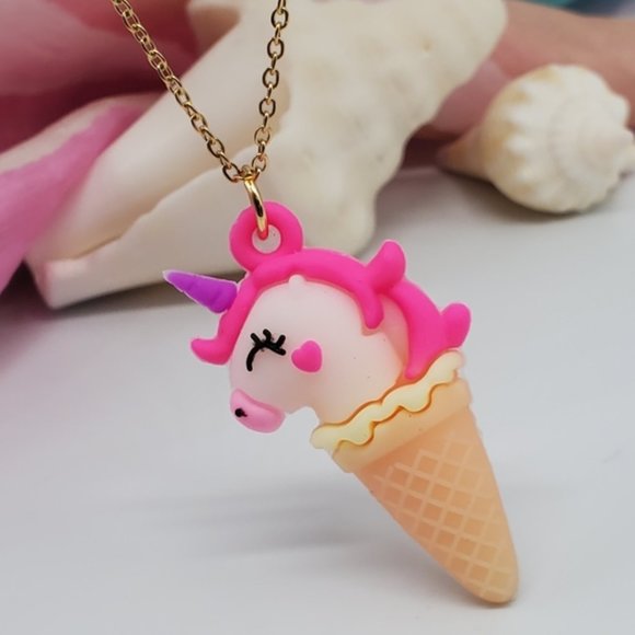 SALE Unicorn Jewelry Icecream Cone Necklace 14K Gold plated Chain Hypoallergenic - Picture 4 of 6